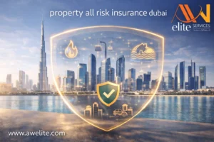 Property all risk insurance Dubai service by AW Elite Services LLC showing business protection coverage concept in UAE